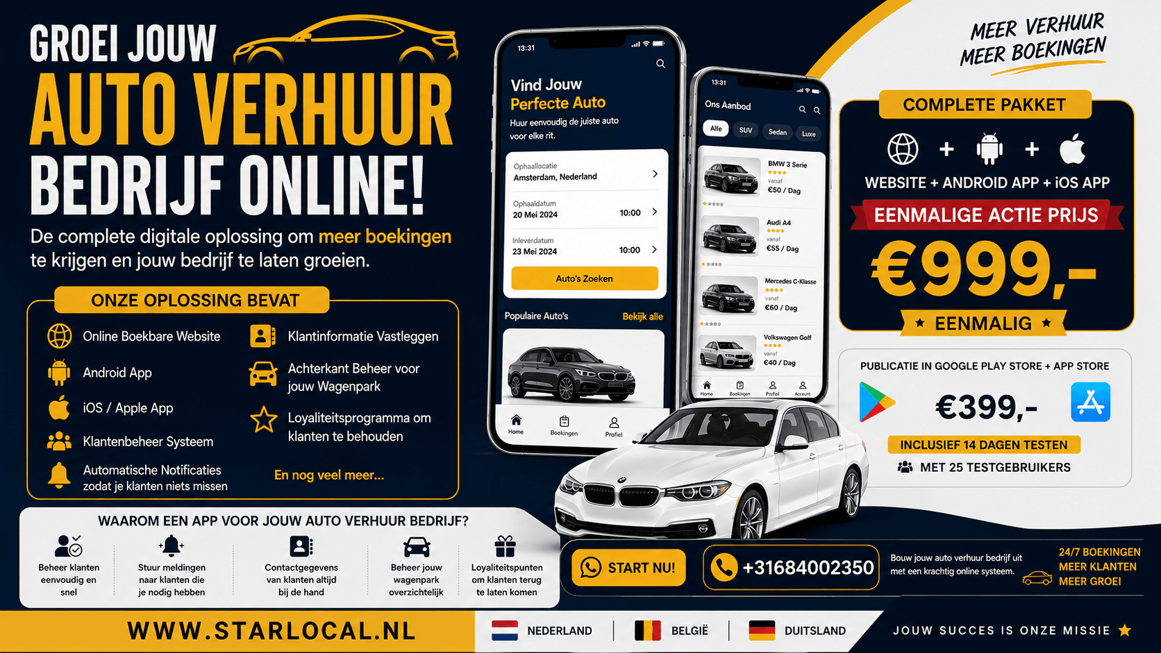 Complete autoverhuurwebsite met boekingssysteem en mobiele app van Star Local